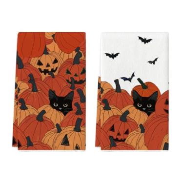 Imagem de Toalhas de prato Artoid Mode Black Cat Pumpkin Halloween Toalhas de prato, 45 x 66 cm Farmhouse Bats Jack-O'-Lantern Decoração Toalhas de mão Conjunto de 2