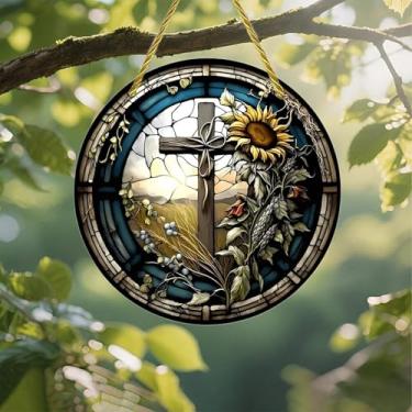 Imagem de Acrílico colorido, girassóis cruzados, vitrais de 18 cm, decoração de parede de janela suspensa com design de vitral impresso, ideia de presente e ornamento de jardim, uso interno e externo