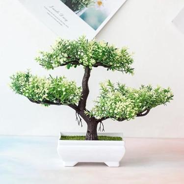 Imagem de 1 peça bonsai de pinheiro artificial pequeno vaso de árvore plantas falsas flores vasos ornamentos para decoração de mesa de jardim, casa, quarto, branco,