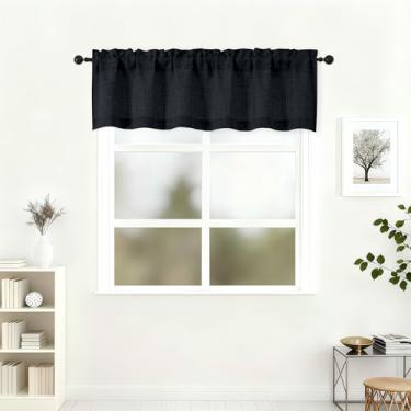 Imagem de Lecloud Saia preta para janela de 35,5 cm de comprimento, cortinas de cozinha elegantes com filtro de luz de privacidade sobre a pia, cortinas curtas respiráveis com bolsos de haste para banheiro