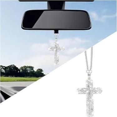 Imagem de Enfeite de pendurar no carro, pingente de espelho retrovisor de veículo com strass de cristal cruzado, pingente de decoração de espelho retrovisor religioso de diamante, acessórios interiores