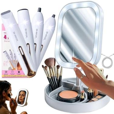 Imagem de Kit Espelho LED Maquiagem com Luz Ajustável Bateria Recarregável Porta Pincéis Aparador de Pelos Facial Corporal USB Portátil Luz Fria Natural Quente Beleza Feminina