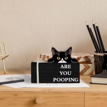 Imagem de Caixa de livros de madeira para banheiro de gato engraçada "Are You Pooping" com corda para prateleira, tanque de vaso sanitário ou bandeja em camadas para decoração de banheiro