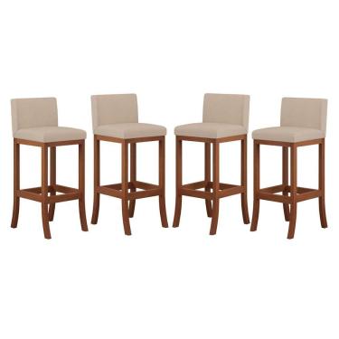 Imagem de Kit 4 Banquetas Alta Estofada para Cozinha Americana Espanha Madeira Maciça Castanho Suede CCS