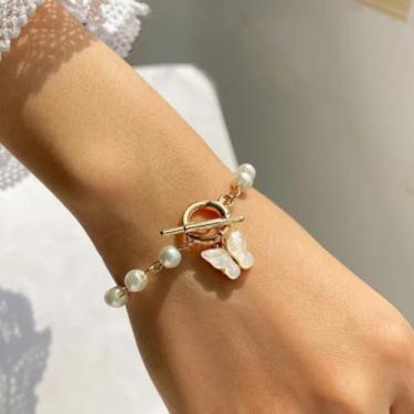 Imagem de Pulseiras femininas com pingente de borboleta boho retrô pérola fina pulseira moderna linda pulseira de elos delicados joias, One Size, Liga de aço, Sem Pedra Preciosa