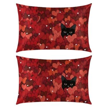 Imagem de Horaldaily Valentine King Size Conjunto de 2 fronhas de cetim para pele e cabelo, corações de amor gato vermelho macio macio semelhante a fronhas de seda para cama sofá sofá, presente ideal para