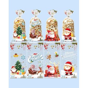Imagem de 50 unidades de sacos de presente de celofane de Natal – Papai Noel doces sacos de violoncelo transparentes de Natal laços torcidos para suprimentos de festa temática de Natal de inverno, 4 estilos