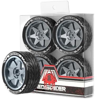 Imagem de REDSPIDER 1/10 On Road Tires and Metal Wheels 12mm Hex RC Rally Racing Tyres OD 2.55" 4PCS for Tamiya TT01 TT02 XV01 TA06 A959 PTG2 HPI KYOSHO PTG2 Traxxas 1:10 Street Touring Drift Car (Titanium)