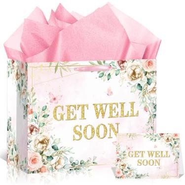 Imagem de Wauprant Bolsa de presente de papel grande Get Well Soon para mulheres, homens, flores rosa e brancas, bolsa de presente com papel de embrulho e cartão pós-cirurgia, presente de incentivo para amigos