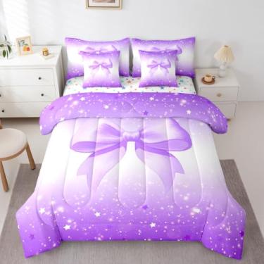Imagem de Feelyou Jogo de cama completo com laço e estampa estrelada com glitter, 7 peças, lençol com laço fofo em uma bolsa, decoração de quarto de princesa, macia, leve e macia