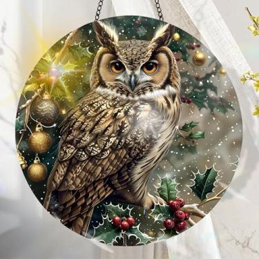 Imagem de Apanhador solar de acrílico colorido, decoração de janela suspensa de coruja com design de vitral impresso, apanhador de sol, arte de parede de arco-íris, ornamentos de Natal para uso interno e