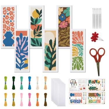 Imagem de FREEBLOSS Conjunto de 6 conjuntos de marcadores de página de ponto de cruz, kit de bordado de 11 quilates com instruções para iniciantes e adultos, 20 x 6 cm