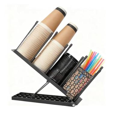 Imagem de Upriver Suporte de copo e tampa, organizador de xícara de café ajustável, dispensador de copo preto com 4 compartimentos para bancada, barra de café, sala de descanso de escritório