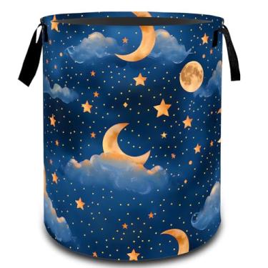 Imagem de VODRM Cesto de roupa suja dobrável com lua e estrela, cesto organizador de brinquedos para crianças e adultos, cesto de armazenamento à prova d'água de tecido Oxford para quarto, banheiro, decoração