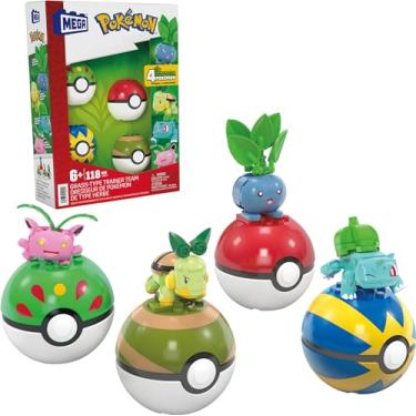 Imagem de MEGA Pokémon Pack de 4 personagens do tipo planta com os seus pokeballs, inclui Bulbasaur, Turtwig, Hoppip e Oddish, 118 blocos de construção, brinquedo + 6 anos (HWR77)