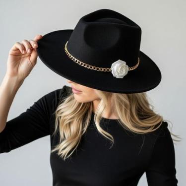 Imagem de Chapéu Feminino Fedora De Feltro com Botão de Rosa Branca Flor de Ceti