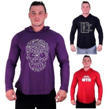 Imagem de Kit 3 Camisetas Manga Longa com Touca Longline Estampada Treino Academia Lazer Casual-Masculino
