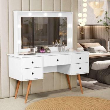 Imagem de Penteadeira Camarim Bancada Maquiagem 100% Mdf Espelho Led 5 Gavetas Pés Palito Retrô Branco