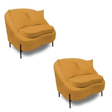 Imagem de Poltrona Decorativa Orgânica Pé De Metal Preto Kit 2 Zaya Bouclê C05 - D'rossi Mostarda