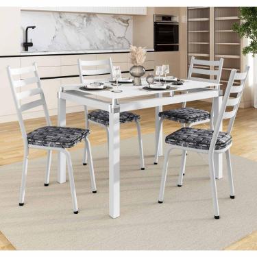 Imagem de Conjunto Mesa De Jantar Com 4 Cadeiras 166 Malva Tampo Vidro 107cm Branco Assento Mosaico Silver - Combo Stock