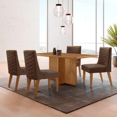 Imagem de Mesa Olimpia 120 Mdf Canto Copo E Com 4 Cadeiras Safira Veludo Marrom/naturalle/naturalle