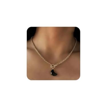 Imagem de MAIYIDACK Colar com pingente delicado banhado a ouro 14K para mulheres, gargantilha crescente obsidiana delicada, colar de pedra preciosa da fase da lua com fecho de ouro, joia celestial