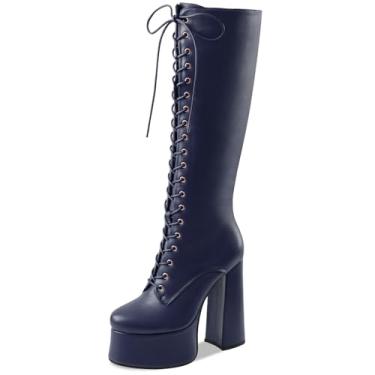 Imagem de Perisis Botas femininas de salto alto grosso, plataforma na altura do joelho, modernas, de couro, com cadarço, salto alto, cano largo, Azul marinho, 35