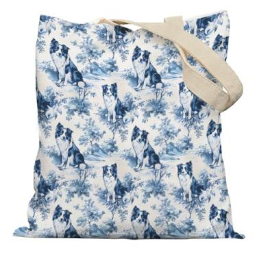 Imagem de APJYM Sacola French Country Border Collie, presentes Border Collie para mulheres, sacolas de lona para cães chinoiserie azul e branca para mulheres, sacola de compras de supermercado reutilizável para