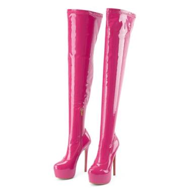 Imagem de Botas femininas até a coxa, acima do joelho, modernas, sexy, plataforma, salto alto, salto alto, patente, bico redondo, zíper, unissex, para festas, cosplay, botas altas, Rosa choque, 35