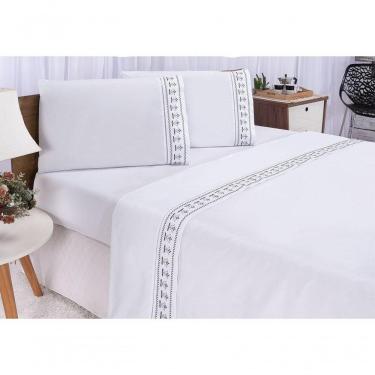 Imagem de Jogo Lençol Tulipa Quarto Casal Padrão Bordado 4 Peças 2fronha Cor: Branco Com Cinza