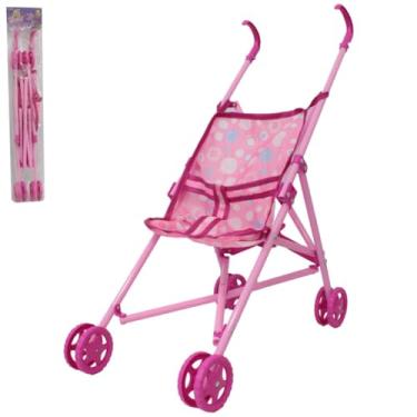 Imagem de Carrinho de Boneca Dobrável em Plástico, Rosa com Bolinhas, Estrutura Leve, Dimensões 49x43x22cm, Brinquedo Infantil