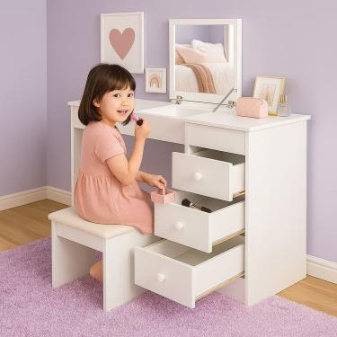 Imagem de Penteadeira Com Espelho Vira Escrivaninha com Gaveta E Banqueta