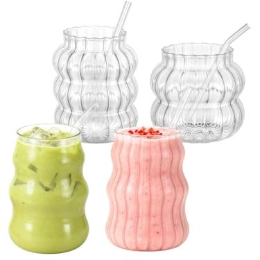 Imagem de LIQWEI 4 peças de copos de vidro canelados, copos de bebida em forma de onda com canudo de vidro vintage copos de coquetel fofos ondulados para café gelado, suco matcha, bebida, cerveja, leite