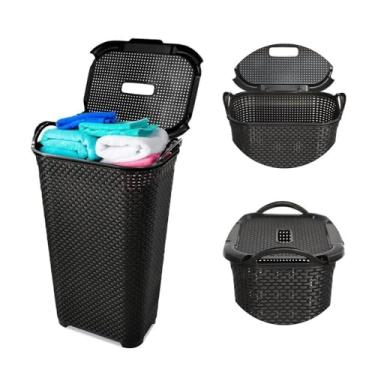 Imagem de Cesto Organizador Tampa Basculada Cesto Roupa Suja com Alça Resistente 50 Litros Cesto Multiuso Organize seu Banheiro Quarto e Lavanderia