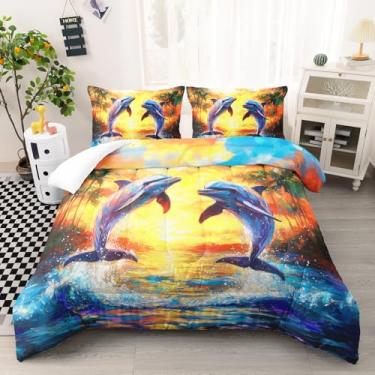 Imagem de AILONEN Conjunto de edredom solteiro com golfinhos saltando oceano, animais marinhos, estilo havaiano, pôr do sol, 3 peças, 1 edredom + 2 fronhas, microfibra macia
