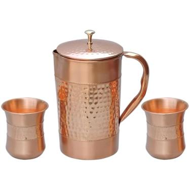 Imagem de Jarro de água de cobre puro com 2 copos de cobre (padrão martelado e simples) | Conjunto de benefícios de saúde Ayurveda com vidro curvo | Acabamento puro, à prova de vazamento e feito à mão