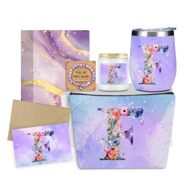 Imagem de XLRSDF Presentes personalizados monograma presentes de aniversário para mulheres, tia avó aposentadoria natal inicial copo de vinho bolsa de maquiagem conjunto de pulseira vela perfumada (flor roxa