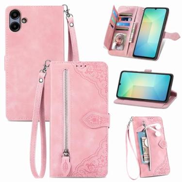Imagem de Furiet Capa carteira para Samsung Galaxy A06 5G com cordão de pulso, estampa de flor, bolso de couro, flip para cartão, suporte, acessórios para celular, capa para celular Ao6 A 06 4G LTE rosa