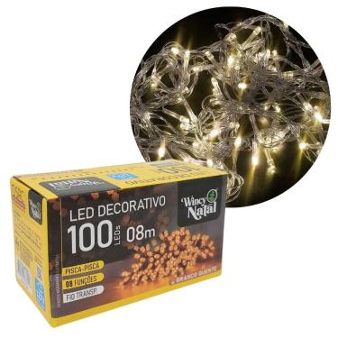 Imagem de Pisca LED Branco Quente Sequencial 100 Lâmpadas 8 Funções Fio Transparente 8 Metros 127V