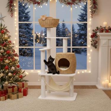 Imagem de EMAX HOME Árvore para gatos de 101 cm com condomínio e rede, torre de gatos de vários níveis para gatos internos com postes de arranhar de sisal, bola pendurada, poleiro de pelúcia e almofada
