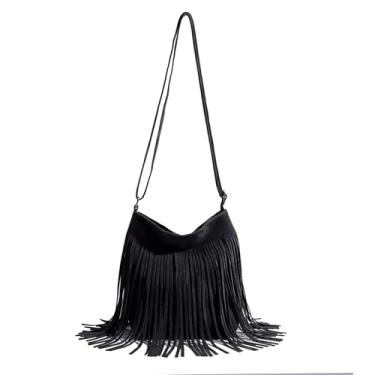 Imagem de Bolsa tiracolo feminina com franjas ocidentais, bolsa de ombro ajustável, bolsa de mão pequena de camurça vintage para festival de música e festa, Preto, 21×17×5cm