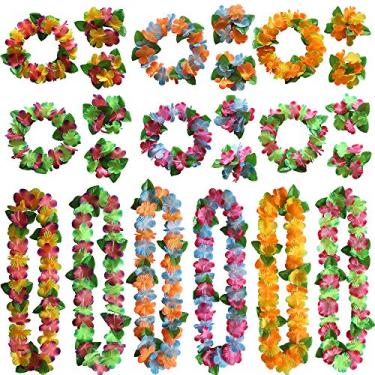 Imagem de Hawaiian Leis Tiara Pulseiras Tropical Luau Havaí Colar Headpiece Pulseiras Mulheres Flor Folha Guirlanda de Casamento Férias Verão Praia Carnaval Decorações de Festa Favores Suprimentos 24 PCS