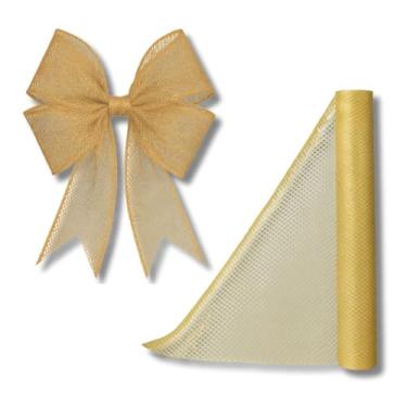 Imagem de Fita Natalina Decorativa 48cm, para fazer Laços, lacinhos de Natal Decoração Natalina, Fita vazada | Ideal para Árvores, Guirlandas, Festas e Arranjos Natalinos, Enfeite de Natal (Dourada)