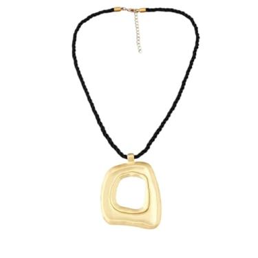 Imagem de Catuni Colar com pingente grande de ouro grosso, pingente quadrado grande, joia grossa, feminina, banhado a ouro 14 K, corda preta