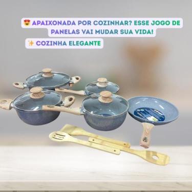 Imagem de Jogo de Panela Antiaderente com Cabo de Madeira 8 Peças Cozimento Saud