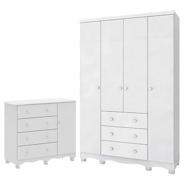 Imagem de Jogo De Quarto Infantil Júnior Guarda Roupa 4 Portas E Cômoda 1 Porta Branco Brilho - Móveis Peroba