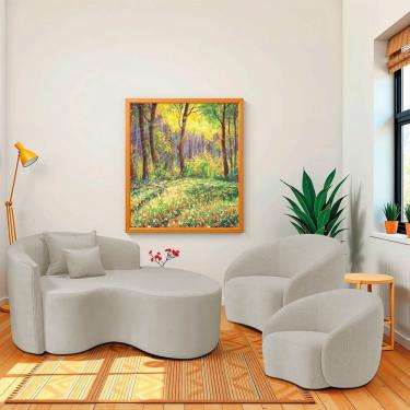 Imagem de Kit Recamier Curvo Sala De Estar Inglaterra 150cm Lado Direito E 2 Poltronas Orgânica Luxo Amore Linho Bege