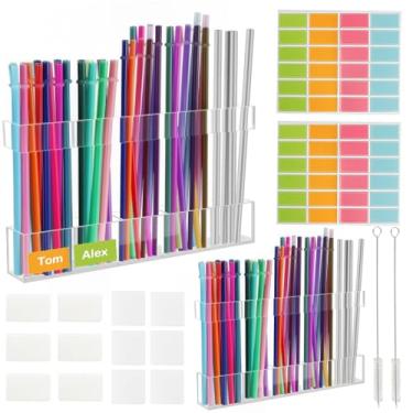 Imagem de JEPELUS Pacote com 2 suportes de canudo para porta de armário, organizador de canudo de acrílico para armário de cozinha, dispensador de armazenamento de canudos com 2 adesivos de folhas e 2 escovas