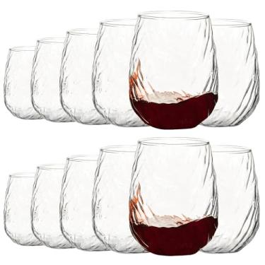 Imagem de HAKEEMI Conjunto de 12 taças de vinho sem haste com textura ondulada de 470 g para vinho tinto e branco, vidro durável para casa, bar, festa e uso diário (textura ondulada)