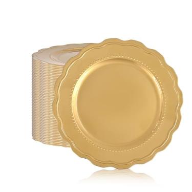 Imagem de REWOMC 50 pratos de jantar dourados, pratos redondos de plástico de 33 cm, pratos decorativos de acrílico, adequados para banquetes, festas, casamentos